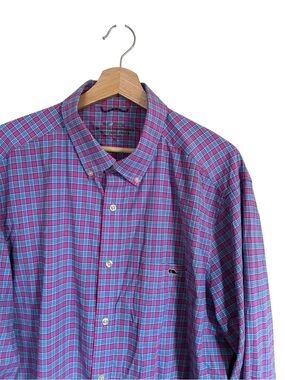 Vineyard Vines On The Go Performance Shirt Mens XL Pink Blue Plaid Button Down